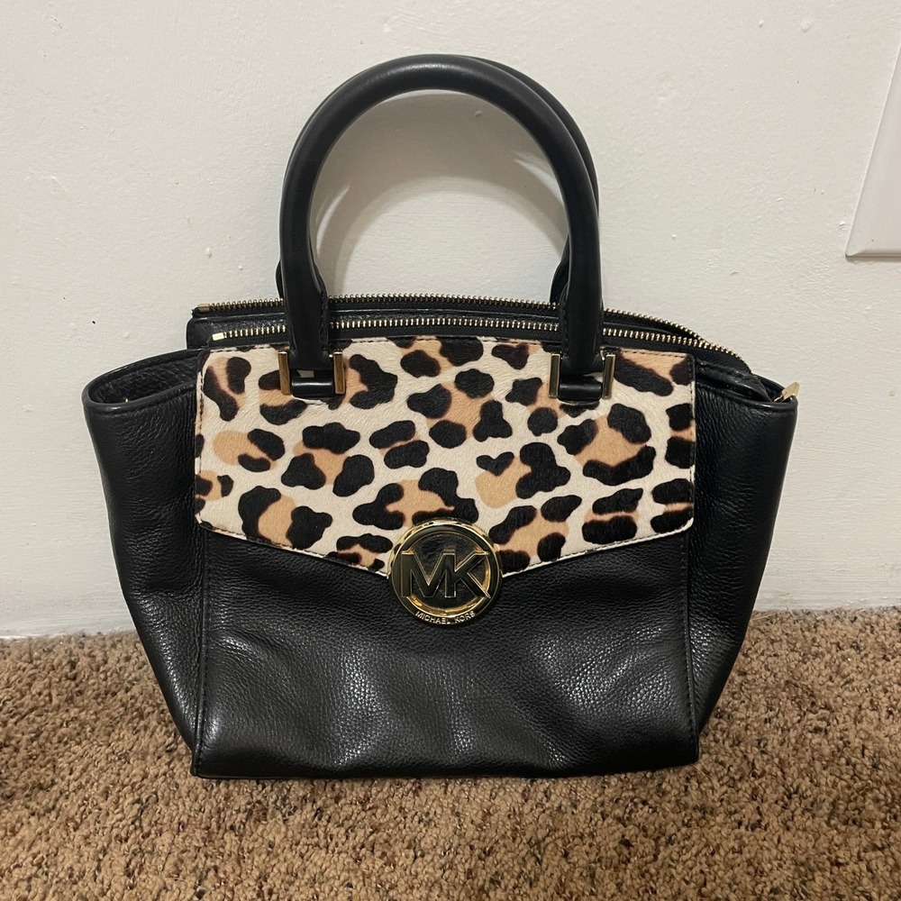 Michael Kors Black‎ Leopard Trim Satchel Handbag Gold MK Logo